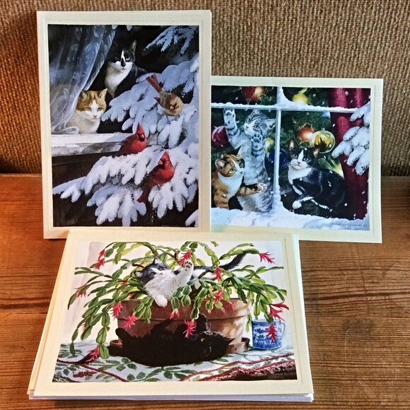 Set of 7 Christmas Cat Art Print Greeting Cards by Persis Clayton Weirs - Picture 1 of 7